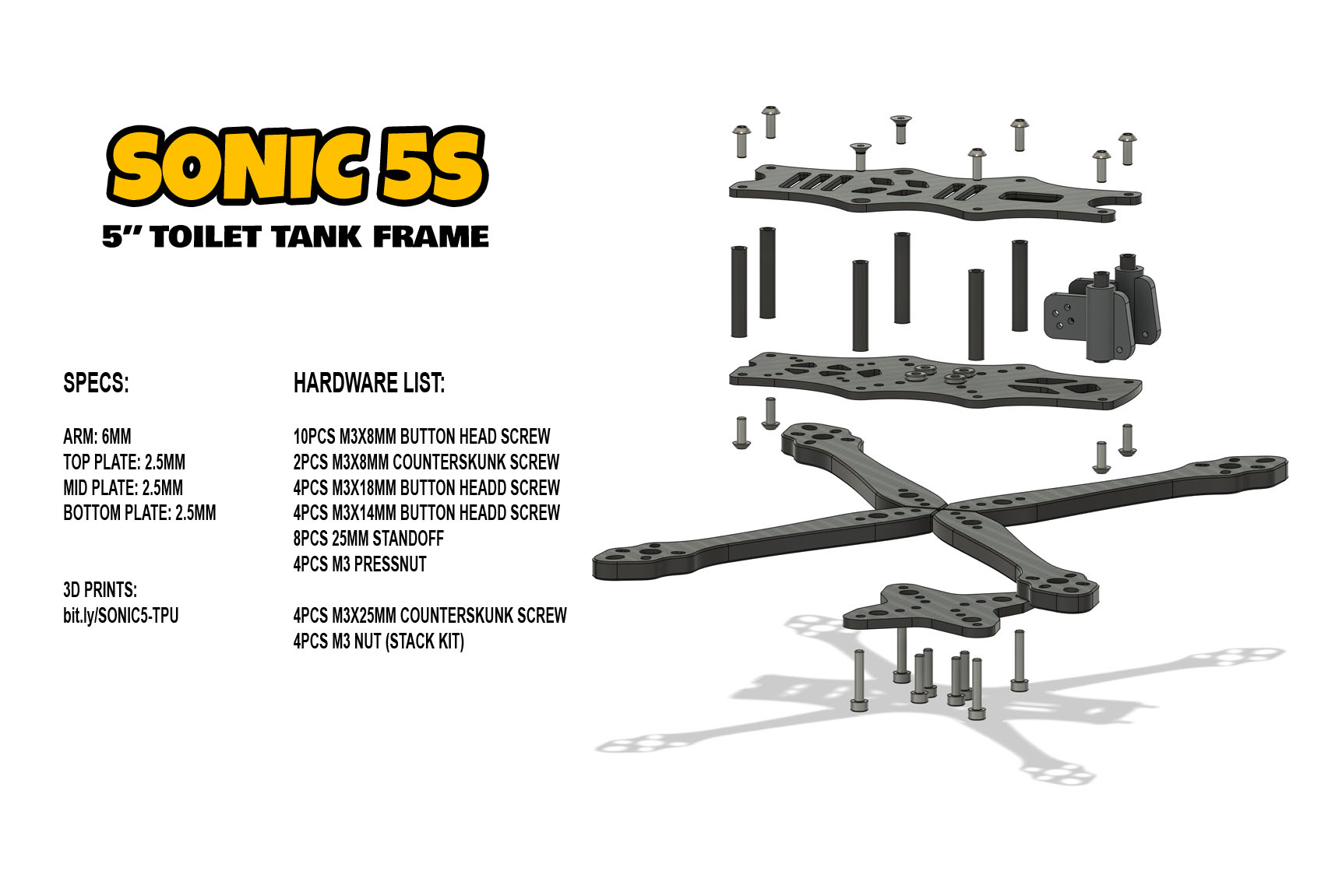 Manuale di istruzioni per telaio drone FPV Sonic 5S 5 pollici – guida al montaggio e configurazione del frame racing