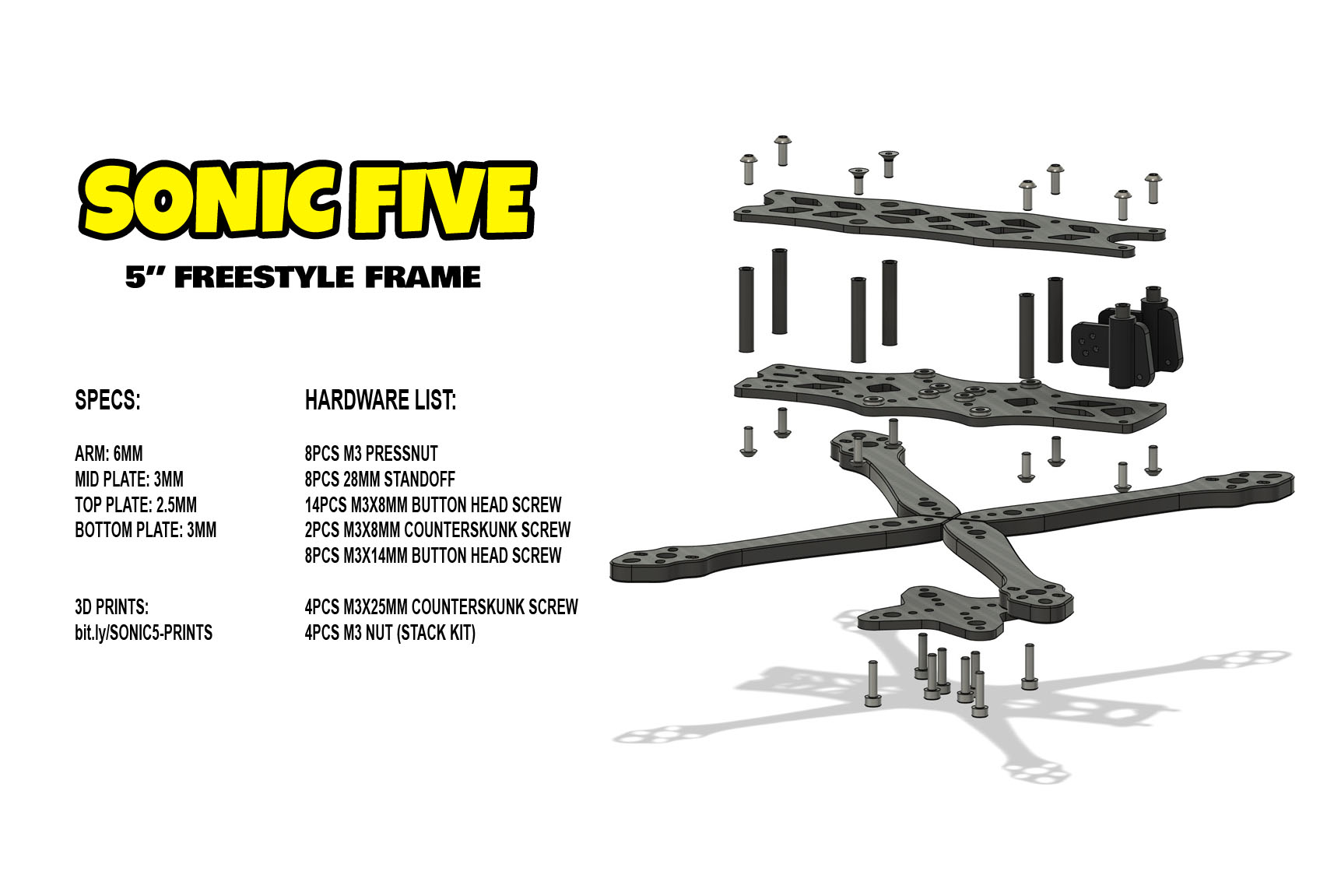 Manuale di istruzioni per telaio drone FPV Sonic Five 5 pollici – guida al montaggio e configurazione del frame racing
