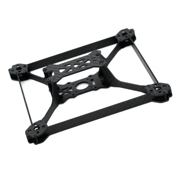 Telaio FPV TBS Source V in vista laterale, con piastre verticali in carbonio e struttura rigida in stile box
